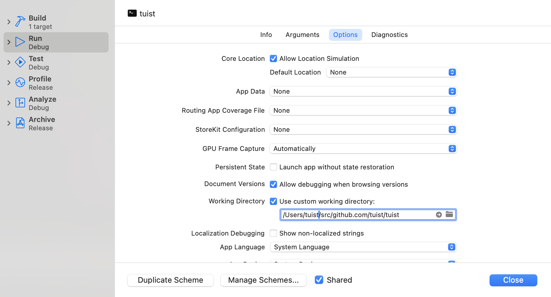 An example of how to set the working directory to run Tuist