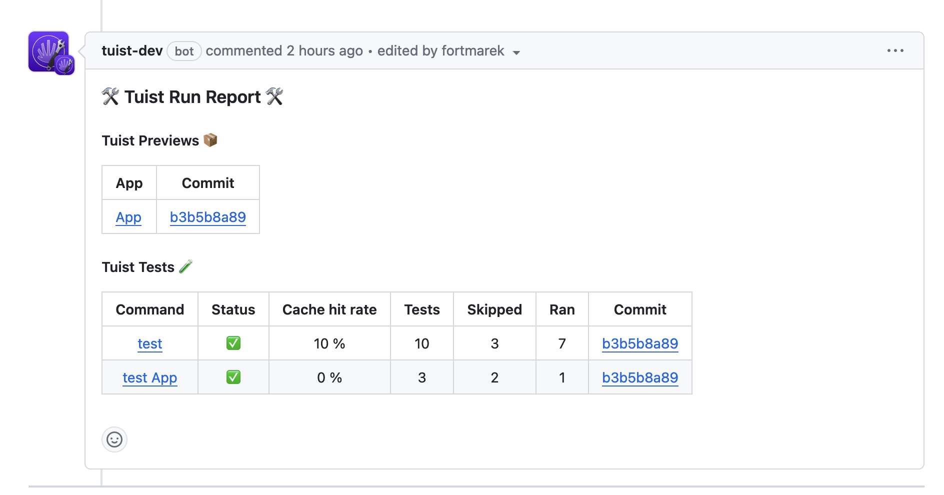 GitHub app comment with a Tuist Preview link