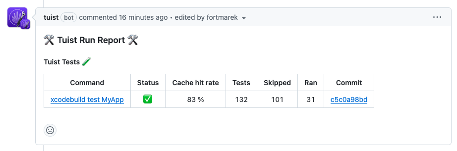 GitHub app comment with a Tuist Preview link