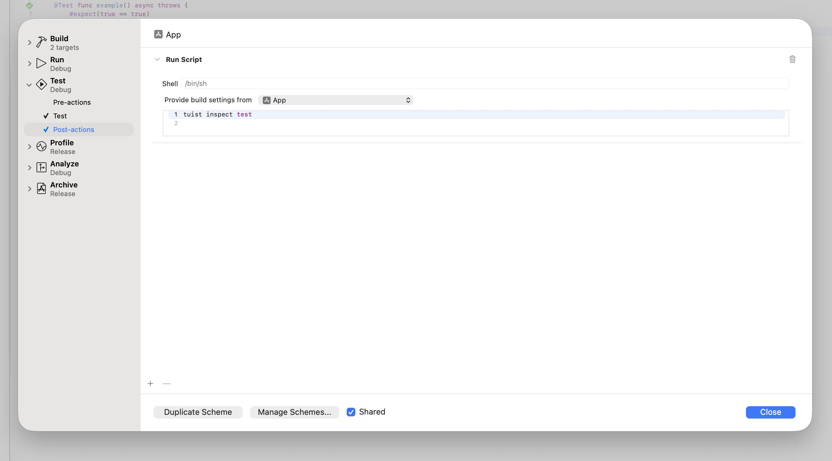Post-action for inspecting
tests