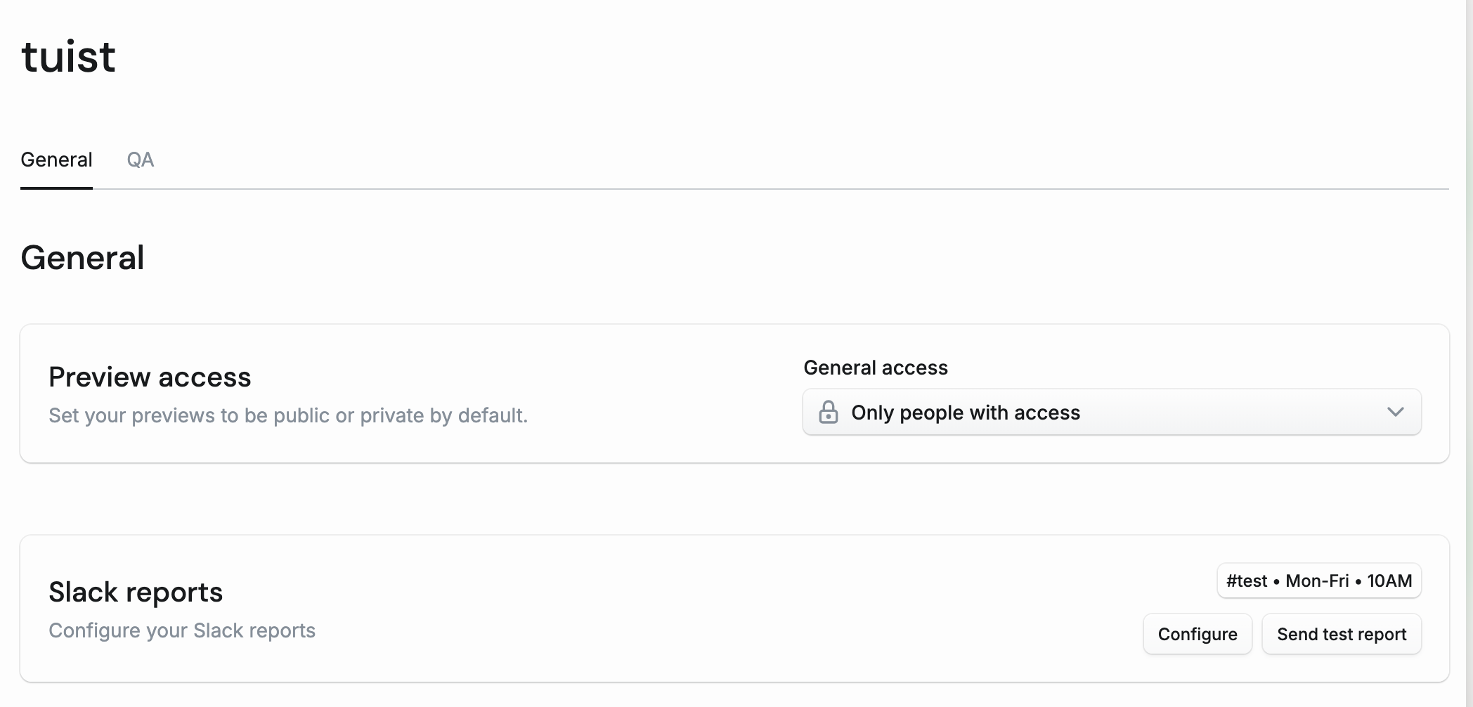 An image that shows the project settings with Slack report configuration